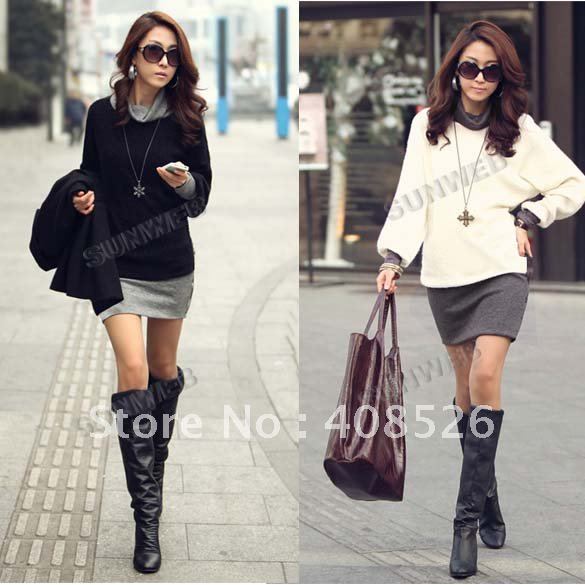 New Korea Women's Long Sleeve Casual Side Button Match Colors Wool Dress Short Skirt Black, White free shipping 8052