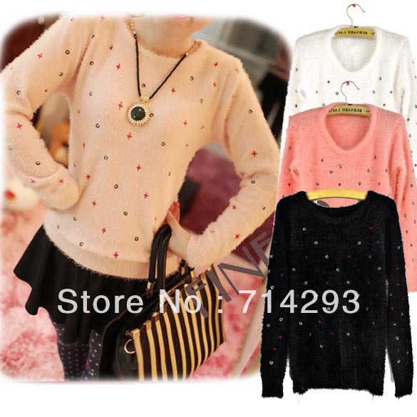 New Korea Women's Long Sleeve Round Neck Loose Embroidery Plush Fluffy Sweater Free shipping 9353