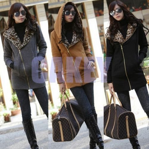 New Korean classic David oblique zipper hooded leopard coat Hooded cardigan sweater