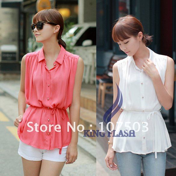 New Korean fashion ladies blouse Chiffon sleeveless Shirt Top free shipping 5686