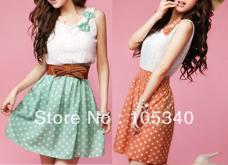 New Korean Fashion Style Polka Dot Sweet Lovely Mini Dress Lace Top A316
