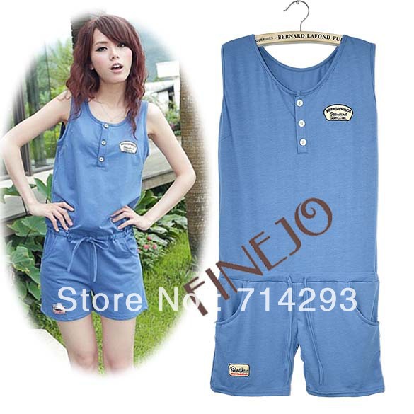New Korean Fashion Women's Casual Smocked Waist Sleeveless Jumpsuit Romper free shipping 11071