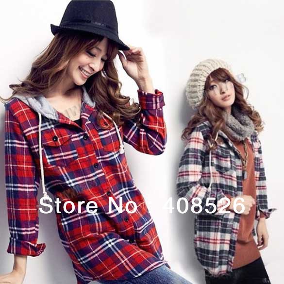 New Korean Hot Ladies Long Sleeve Flax Casual Hood Plaid T-Shirt Blouse Free shipping 8220