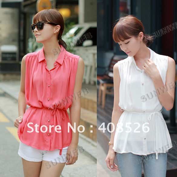 New Korean ladies blouse Chiffon sleeveless Shirt Top 2 Colors White, Watermelon red free shipping 5686