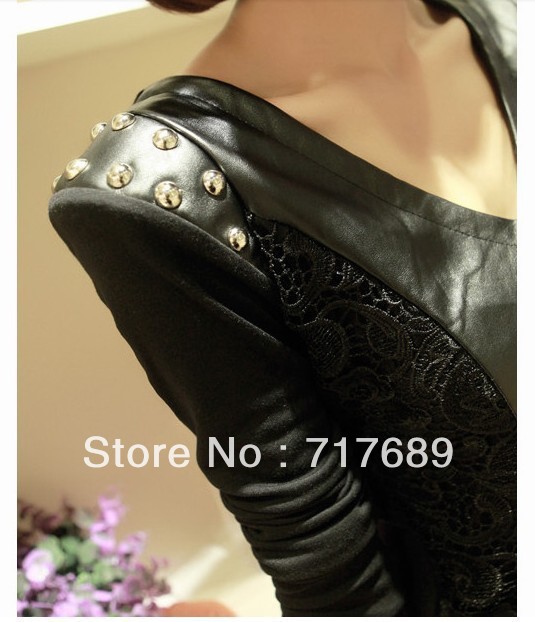 New Korean Slim sexy the patent leather slimming bottoming shirt long-sleeved V-neck dress