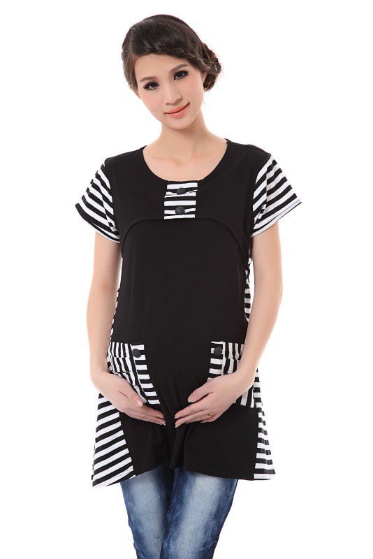 New Korean Women Stylish Round Neck Striped Short Sleeve Maternity Skirt  Gray Black
