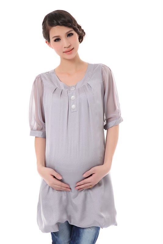 New Korean Women Stylish Round Neck Translucent Sleeves Maternity Skirt  DRESS Gray  Powder blue YX2160