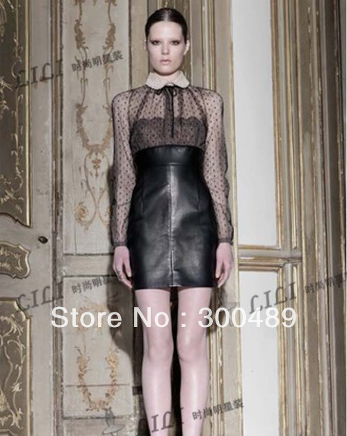 New lace with PU leather beaded couture elegant long sleeve dress