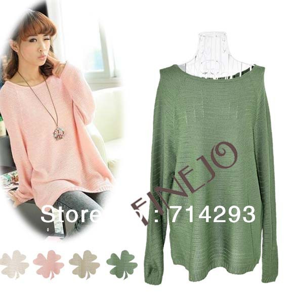 New Ladies Batwing Round Neck Knitted Pullover Jumper Casual Loose Long Sweater 4Colors free shipping 9391