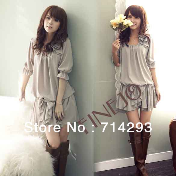 New ladies' Dresses Spring summer Fashion Ruffle Bowknot Mini Chiffon Dress Free Shipping 2301