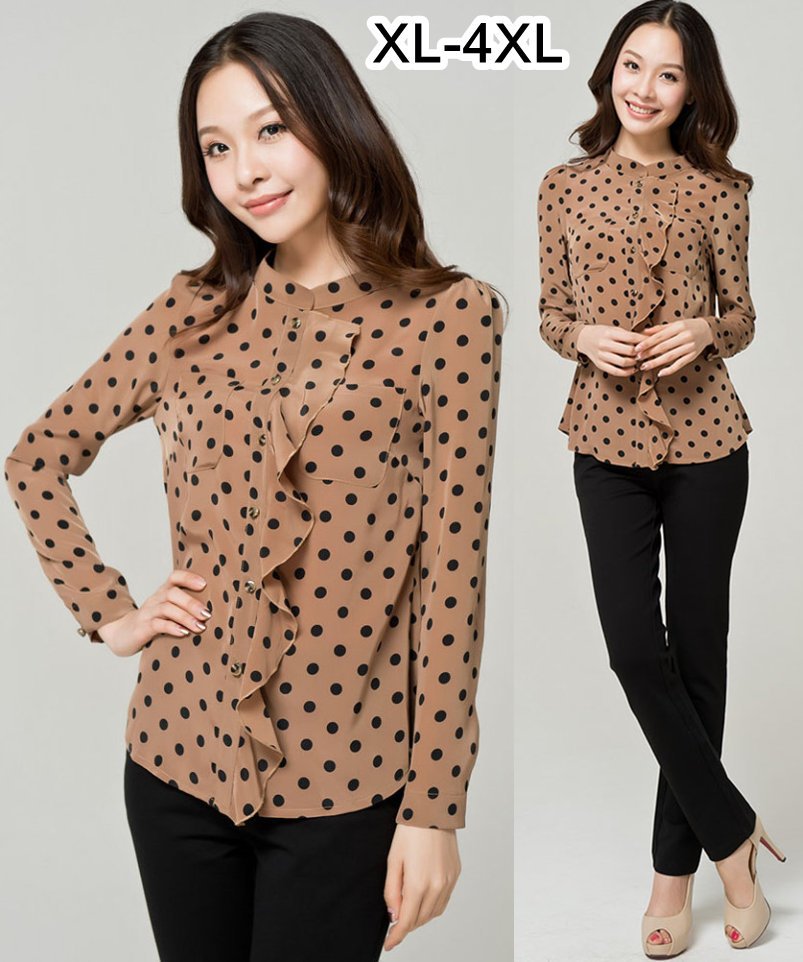 New Ladies Plus Size Coffee Ruffled Long Sleeve Polka Dot Chiffon Shirt Elegant OL Formal Blouses Fashion Shirt Size XL-4XL