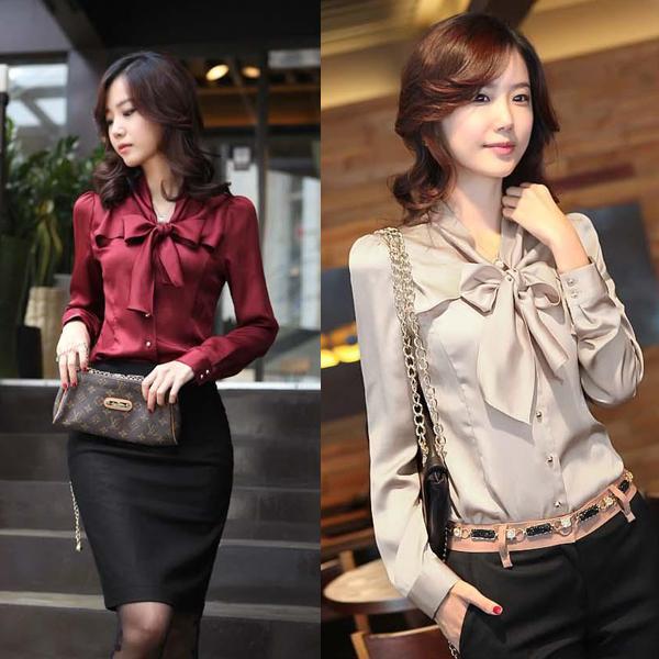 New Ladies Womens OL Bowknot Long Sleeve Blouse Tops Shirt 3 Colors 4 Sizes A836