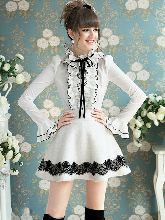 New lady Boho Korea White Shirt  ruffles black ribbon bow shirts Button Down bloules
