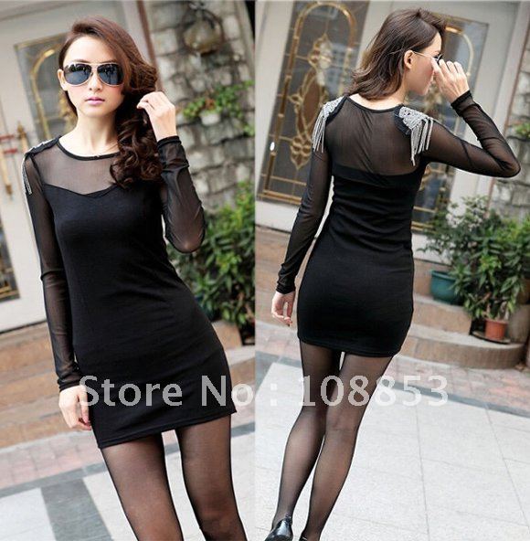 New Lady's Sexy Long Sleeve Gauze Patchwork Tube Tassels One-Piece Slim Mini Dress Free Shipping