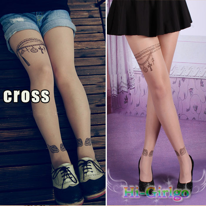 new Lady Sexy cross Tattoo Socks Transparent Pantyhose Stockings Tights Leggings