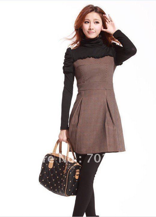 New Lady Women's Long Sleeves High-necked Slim Wool Dress