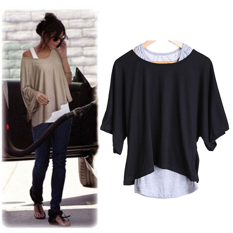 New Lady Women's Loose Tops Batwing T-Shirt Casual Blouse + Tank Vest  Black and Gray  ,Free Shipping Dropshipping Wholesale