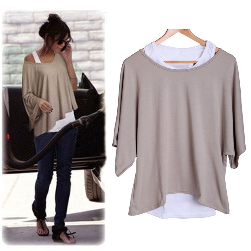 New Lady Women's Loose Tops Batwing T-Shirt Casual Blouse + Tank Vest Khaki and White,Free Shipping  Dropshipping