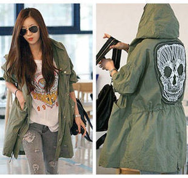 New Lady Womens Military Parka Button Skull Back Hooded Jacket Coat