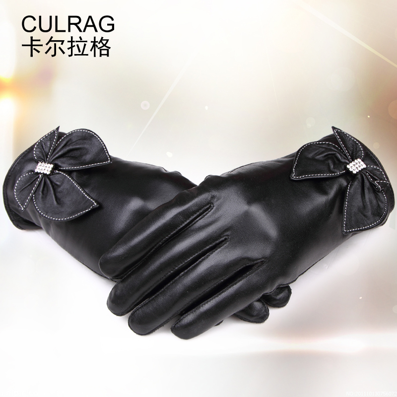 new Leather gloves women's genuine leather fashion bow Women winter thermal sheepskin gloves,free shipping