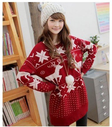 New lovely fawn maple leaf design Christmas happy long sleeve red medium style sweater college wind