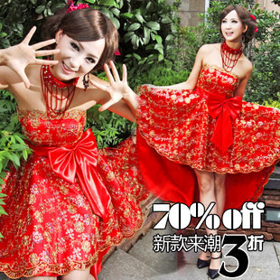 new Luxury bridal dress chinese style red wedding dress improved cheongsam  low-high