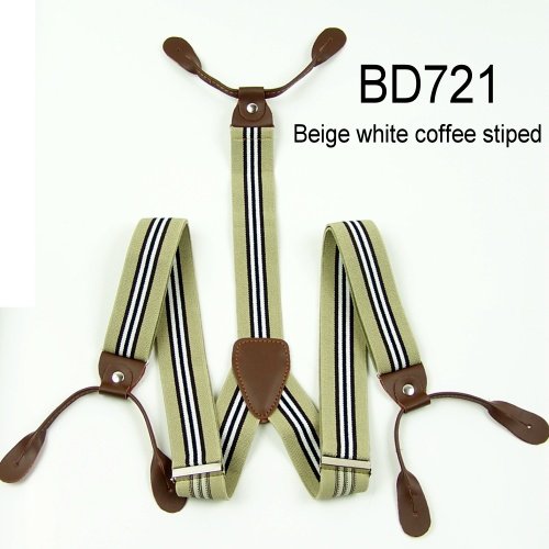 New Mens Adjustable Button holes Unisex suspenders beige white black striped braces BD721