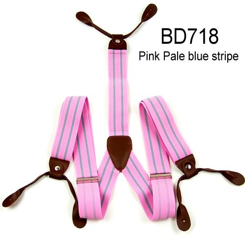 New Mens Adjustable Button holes Unisex suspenders Pink pale blue striped braces BD718