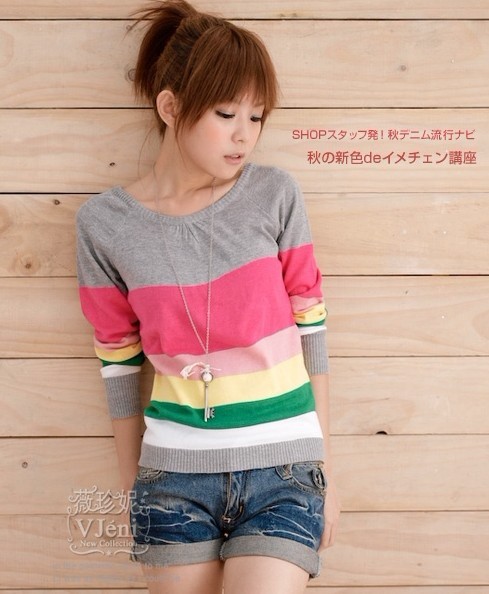 New O-Neck Knitted Sweater Women Pullover Long Sleeve Stripe Sweaters Free shipping