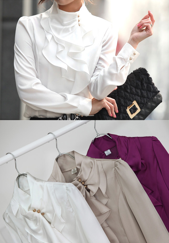 New OL Lady Korea Stand Collar Ruffles Flounce Shrug Blouse Top 3 Colors