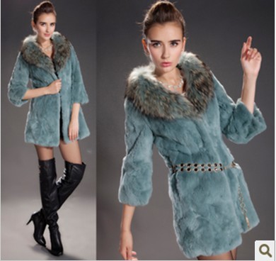 New oversized Hezi rabbit fur collar ladies long fur coat free shipping
