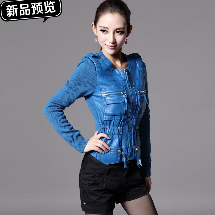 New paris 2012 female slim fashion handsome motorcycle multi-pocket coat leather clothing