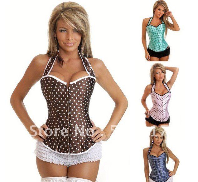 NEW! Popular polka dot corset linegries Sexy ladies burlesque Over Bust corsets bustier sexy lingeries Coffe green pink QM5803