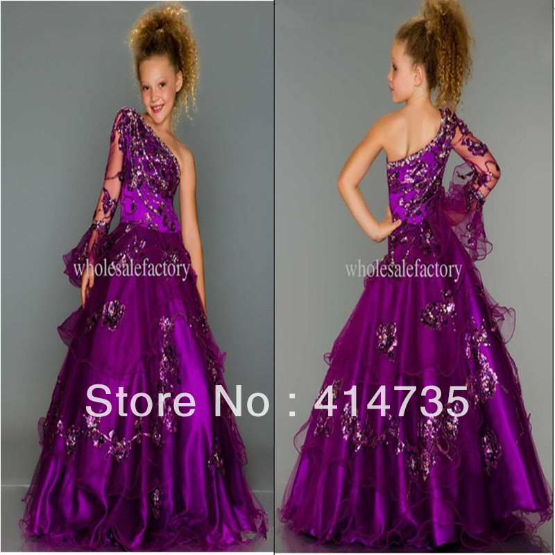 New Princess Bead One Shoulder Organza Purple Flower Girl Dresses with sleeve Floor Length Sheath Dressy Girl's Pageant Dress
