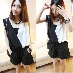 new Promotions!2012 hot summer Fashion trendy casual women Jumpsuits Black and white stitching V-Neck Chiffon shirt shorts