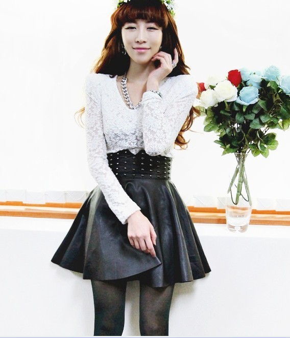 New Punk 2013 Punk Rivet Studded High Waist zipper PU Leather Skirts Black Sexy skirt Fashion Ladies Darvictor Shes-stor 1806