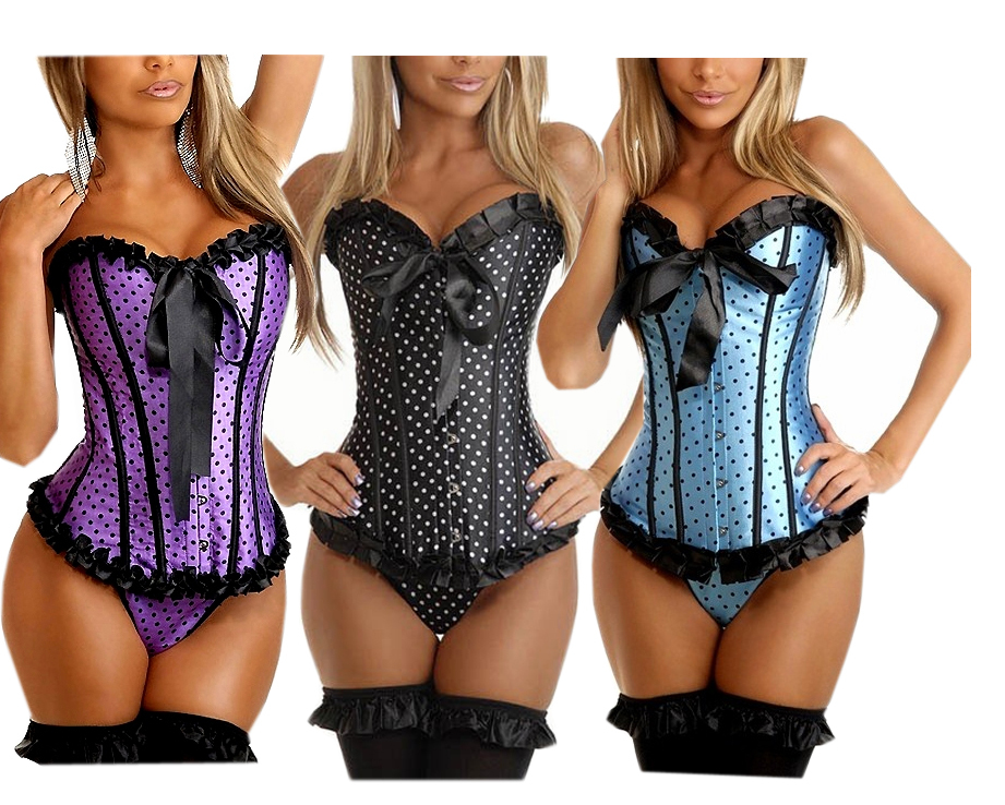 NEW Purple/Black/Blue Dots Sexy Lace Up Boned Overbust Corset Bustier Top S-2XL