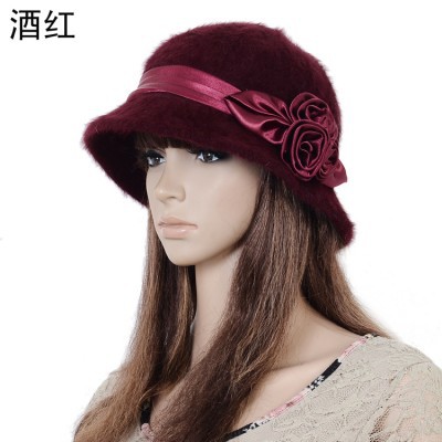 new Quality rabbit fur silk rose bucket hat thermal women's rabbit fur bucket hats red fedoras
