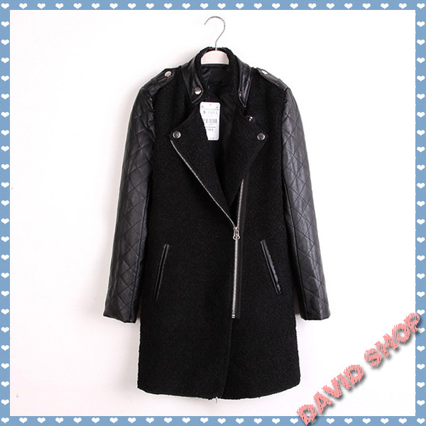 NEW Quilted Leather Sleeves Coat PU Leather Sleeves Stitching Zipper Windbreaker Stand-up Collar Epaulet Long Black Jacket