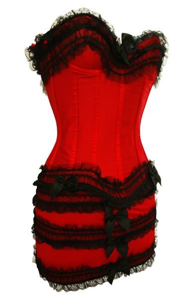 New Red satin lace up boned corset with padded cup underwire and black lace trim +mini skirt S-2XL