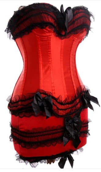 New Red satin lace up boned corset with padded cup underwire and black lace trim  +mini skirt S-6XL