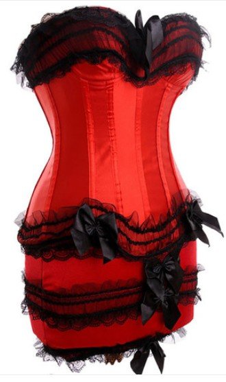 New Red satin lace up boned corset with padded cup underwire and black lace trim  +mini skirt S-6XL