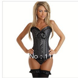 New satin lace up boned Black Corset Bustier linger clubwear showgirl with ribbon trim +G-string S-2XL M0180
