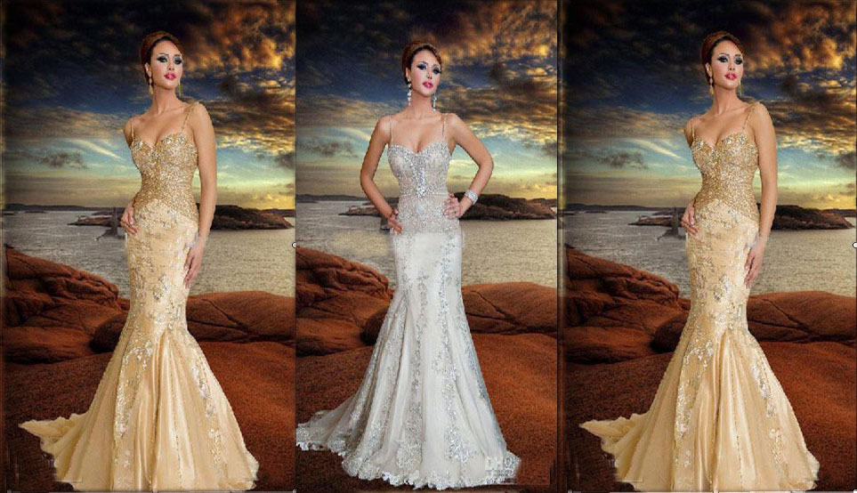New Sexy 2012 Spaghetti Straps Mermaid Tulle Beading Applique Custom Made Evening Dresses Prom Dress