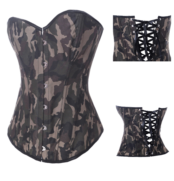 New sexy army style jeans  lace up boned corset busiter costume clubwear S-2XL