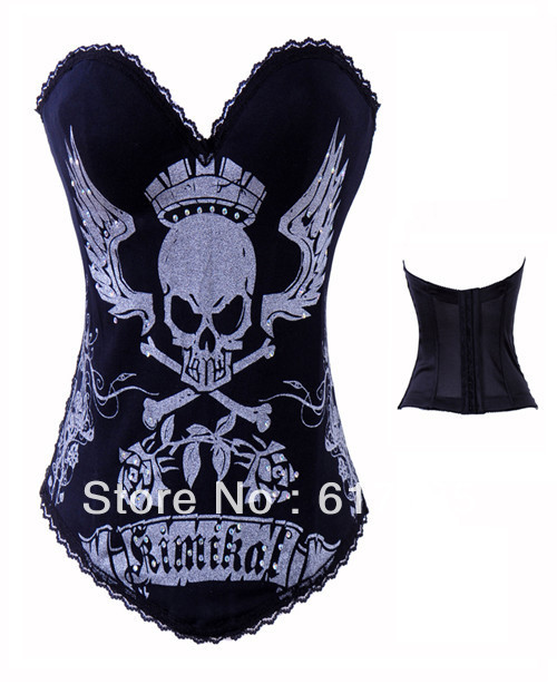 New Sexy  Black with Silver/Gold  skull  Tattoo  Boned  cotton Corset Bustier Top With Chain Goth Punk Rock Hook Tattoo S-2XL