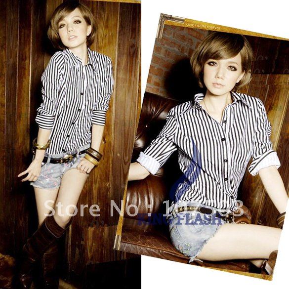 New Sexy Fashion Ladies' Shirt Black White Vertical Stripe Long Sleeve Shirt Blouse Tops free shipping 5877