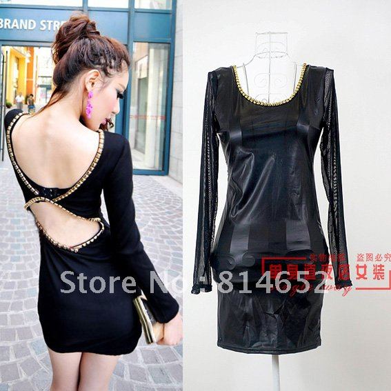 New sexy Faux Leather single-way7127- spring gauze sleeve chain Trim Halter Corset Dress