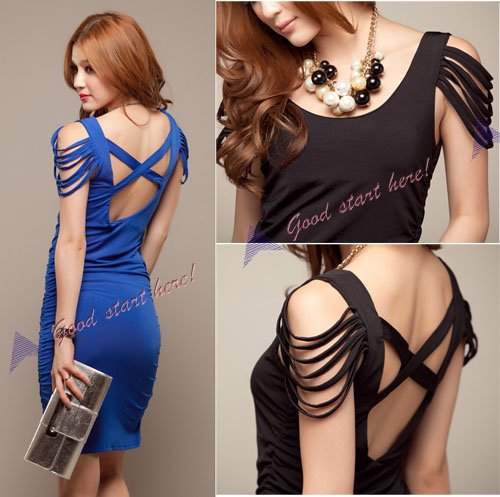 NEW Sexy Fringed Sleeve Womens Party Club wear Backless Cross Mini Dress CY0051