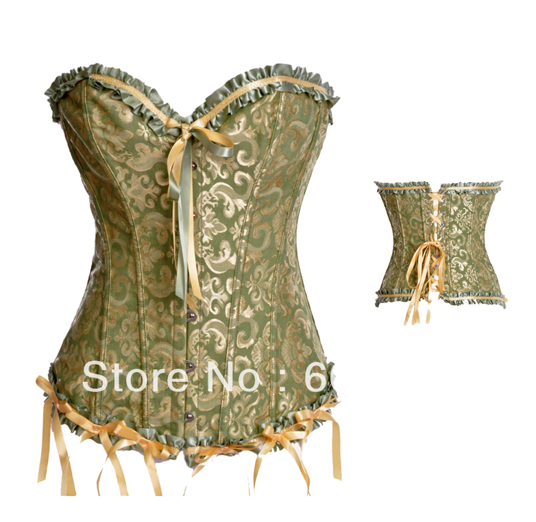 New Sexy green Boned Lace Up Corset Bustier with ribbon +G-string factory supplier S-2XL